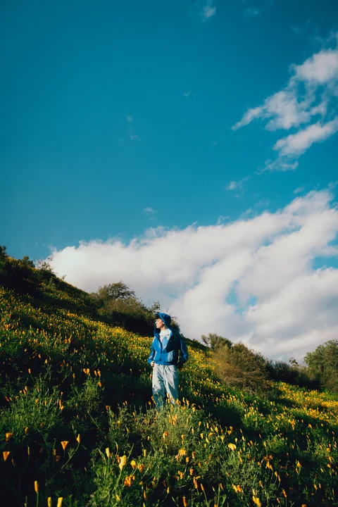 Artista en una ladera florida bajo un cielo azul con nubes